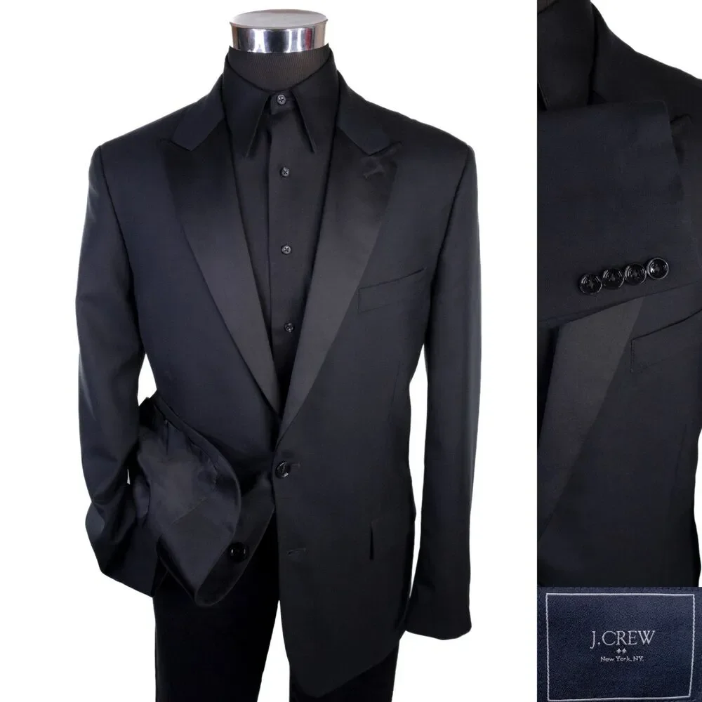 J.Crew Thompson Peak Lapel Tuxedo Jacket Black Sz 44R Two Button Wool Blazer